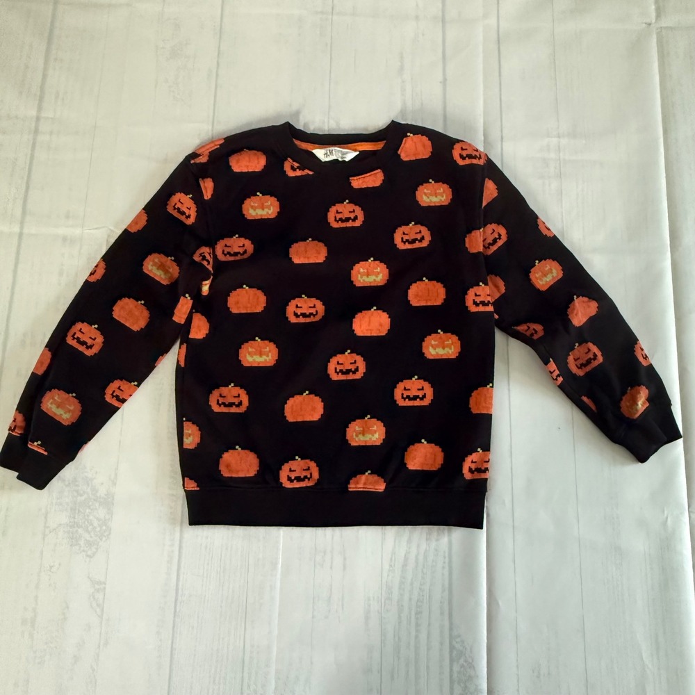 HM Kids Halloween Pixel Pumpkin Sweatshirt Black Orange Jack-O-Lantern Size 6-8Y